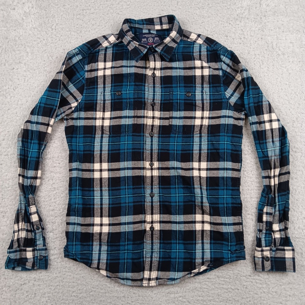 American Eagle Button Down Prep Fit Men S Blue Plaid Flannel Long Sleeve